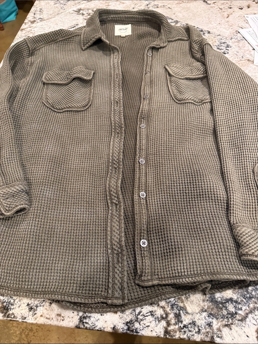 aerie Olive Green Waffle-Knit Button-Down Shirt